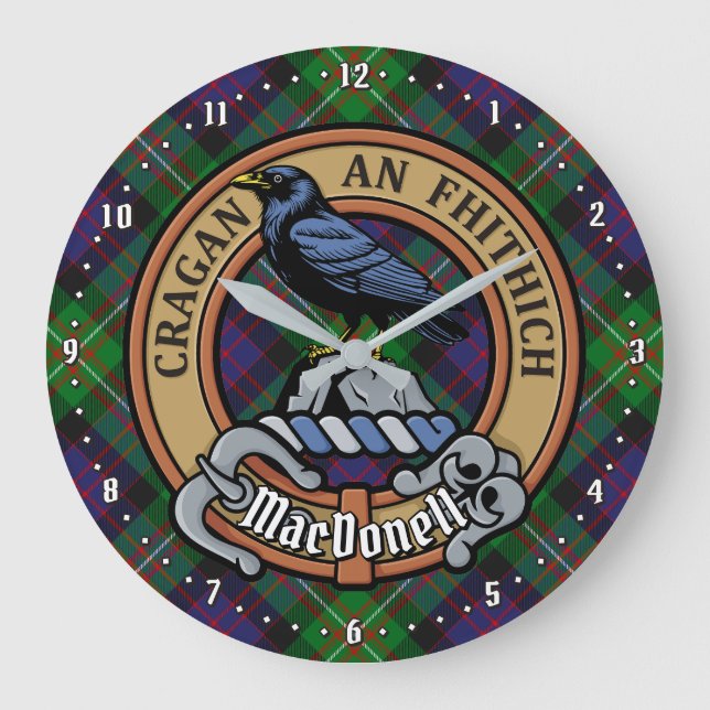 Clan MacDonell of Glengarry Crest over Tartan Large Clock (Front)