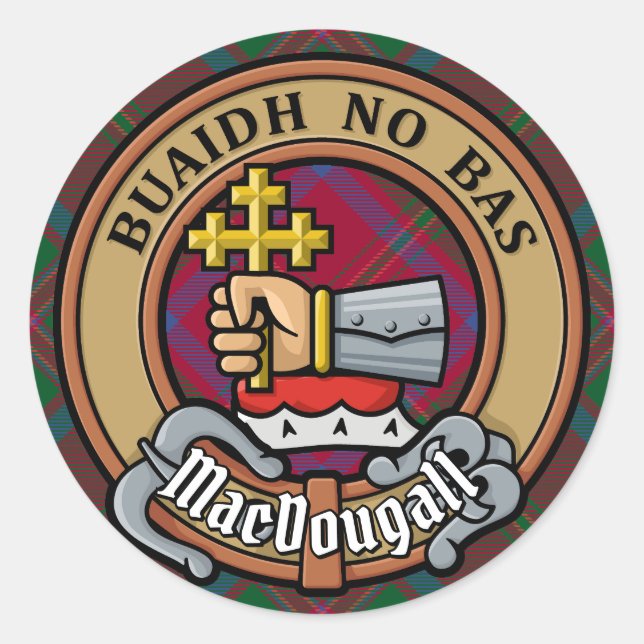 Clan MacDougall Crest over Tartan Classic Round Sticker (Front)