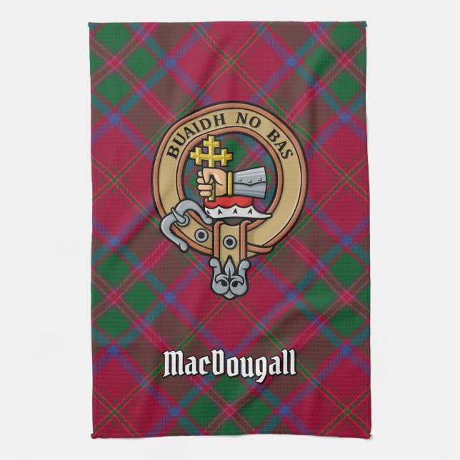 Clan MacDougall Crest over Tartan Kitchen Towel (Vertical)