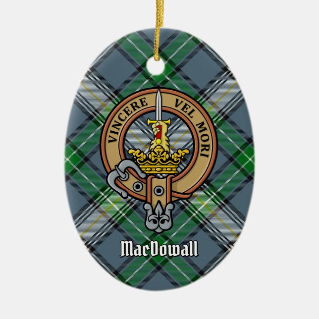 Clan MacDowall Crest over Tartan Ceramic Ornament (Front)