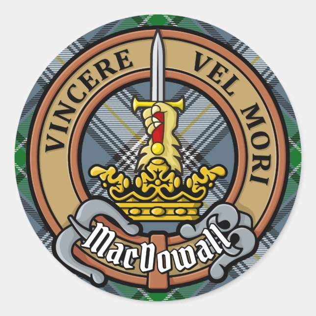 Clan MacDowall Crest over Tartan Classic Round Sticker (Front)