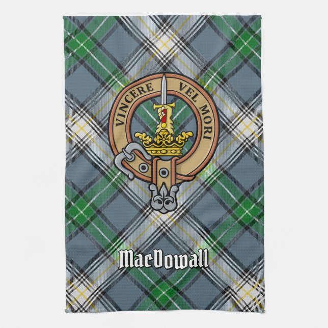 Clan MacDowall Crest over Tartan Kitchen Towel (Vertical)