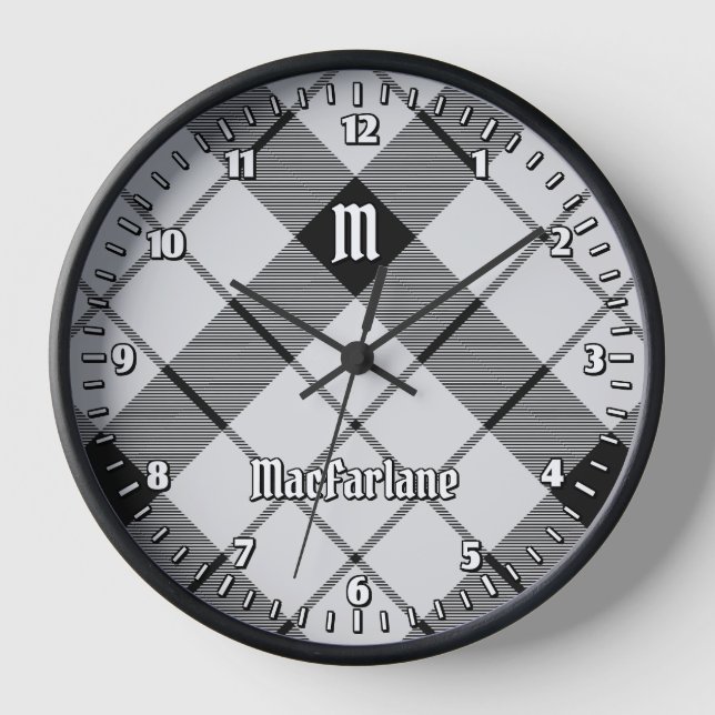 Clan MacFarlane Black and White Tartan Clock (Front)