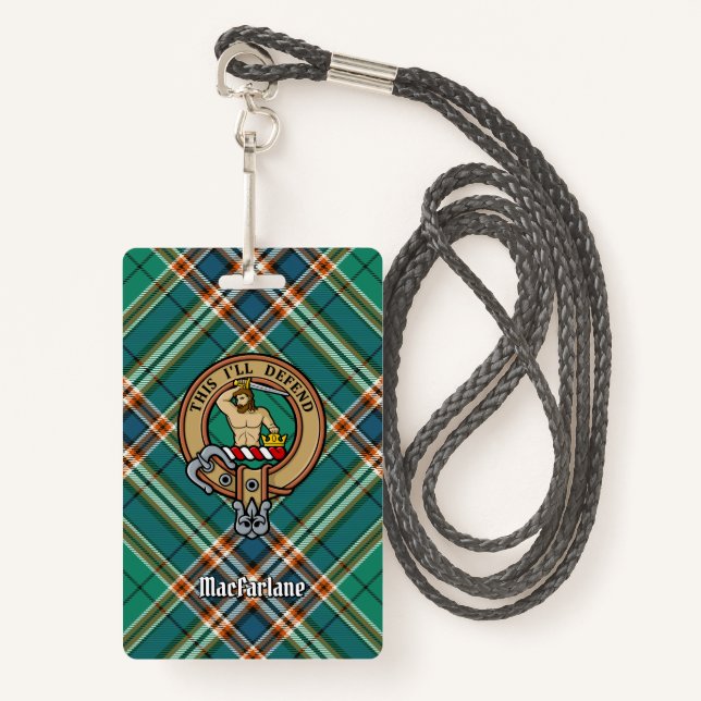 Clan MacFarlane Crest over Ancient Hunting Tartan Badge (Front with Lanyard)
