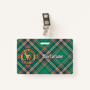 Clan MacFarlane Crest over Ancient Hunting Tartan Badge