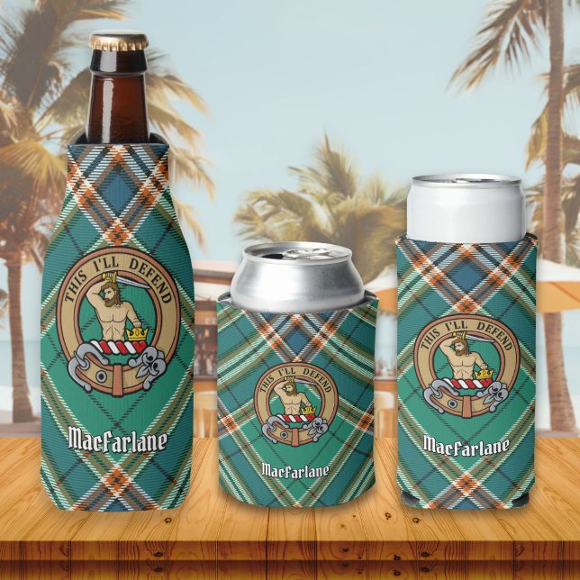 Clan MacFarlane Crest over Ancient Hunting Tartan Bottle Cooler (Creator Uploaded)