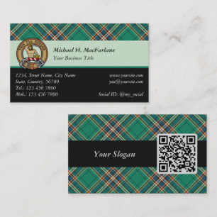Clan MacFarlane Crest over Ancient Hunting Tartan Business Card