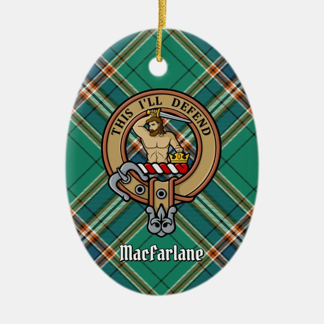Clan MacFarlane Crest over Ancient Hunting Tartan Ceramic Ornament (Front)