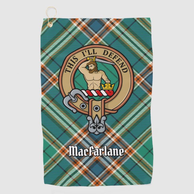 Clan MacFarlane Crest over Ancient Hunting Tartan Golf Towel (Front)