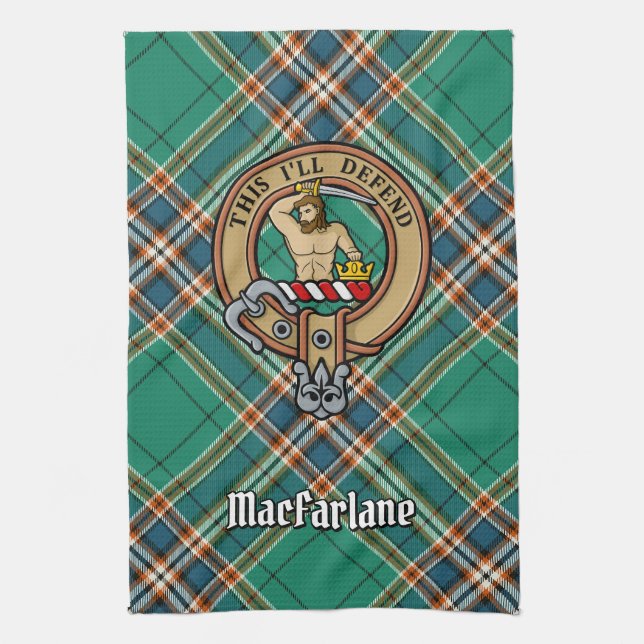 Clan MacFarlane Crest over Ancient Hunting Tartan Kitchen Towel (Vertical)