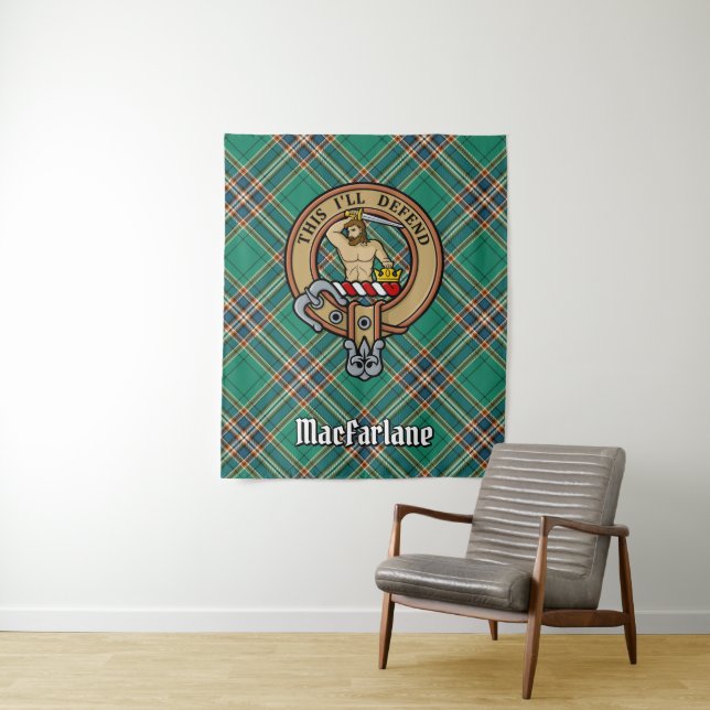 Clan MacFarlane Crest over Ancient Hunting Tartan Tapestry (In Situ)