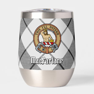 Clan MacFarlane Crest over Black and White Tartan
