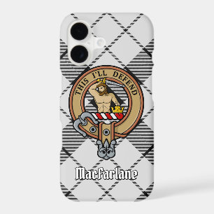 Clan MacFarlane Crest over Black and White Tartan