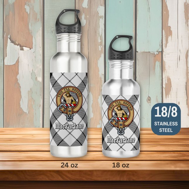 Clan MacFarlane Crest over Black and White Tartan 710 Ml Water Bottle (Creator Uploaded)