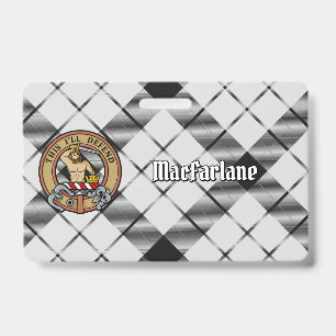 Clan MacFarlane Crest over Black and White Tartan Badge