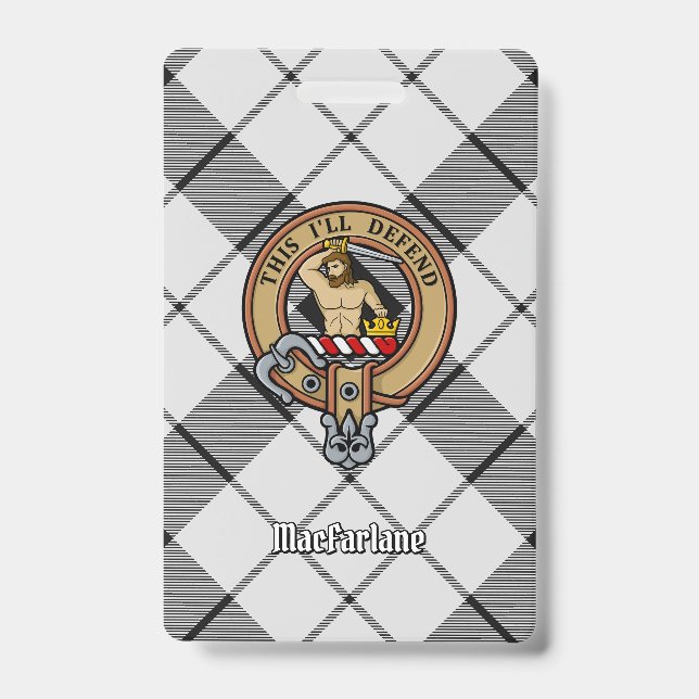 Clan MacFarlane Crest over Black and White Tartan Badge (Front)