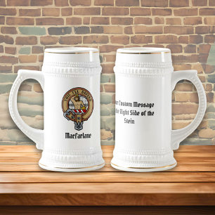 Clan MacFarlane Crest over Black and White Tartan Beer Stein