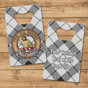 Clan MacFarlane Crest over Black and White Tartan Credit Card Bottle Opener