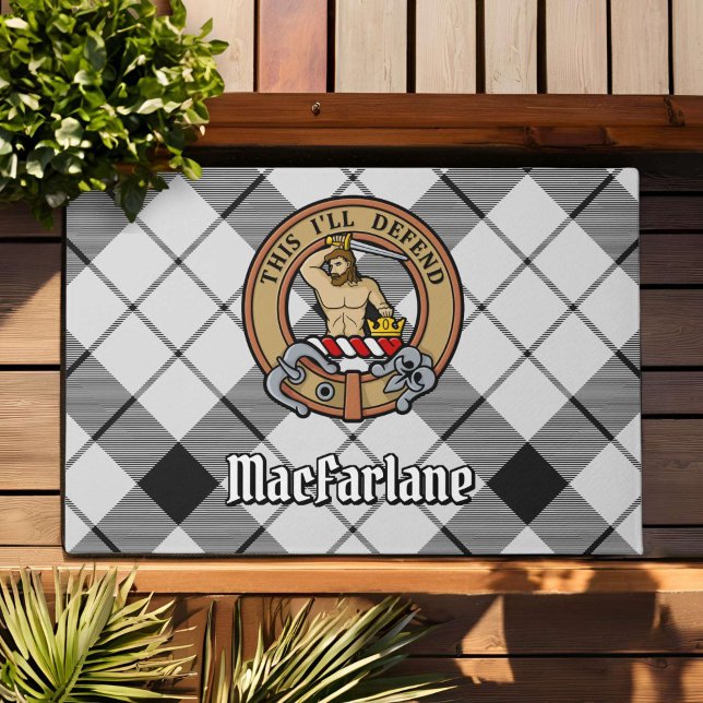 Clan MacFarlane Crest over Black and White Tartan Doormat (Creator Uploaded)