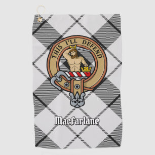 Clan MacFarlane Crest over Black and White Tartan Golf Towel