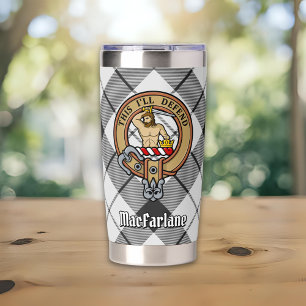 Clan MacFarlane Crest over Black and White Tartan Insulated Tumbler