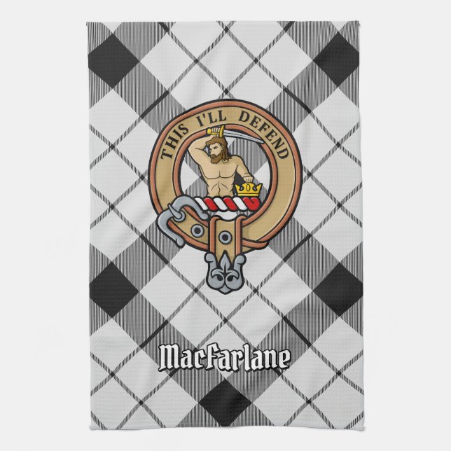 Clan MacFarlane Crest over Black and White Tartan Kitchen Towel (Vertical)