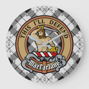 Clan MacFarlane Crest over Black and White Tartan Large Clock