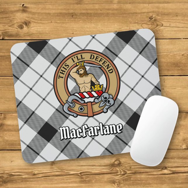 Clan MacFarlane Crest over Black and White Tartan Mouse Pad (Creator Uploaded)