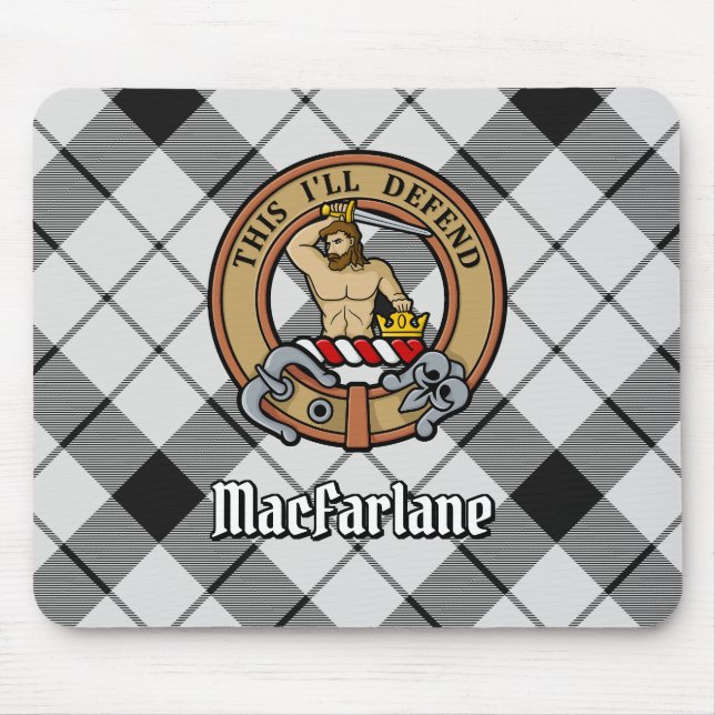 Clan MacFarlane Crest over Black and White Tartan Mouse Pad (Front)