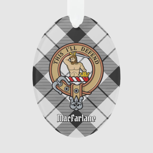 Clan MacFarlane Crest over Black and White Tartan Ornament (Front)