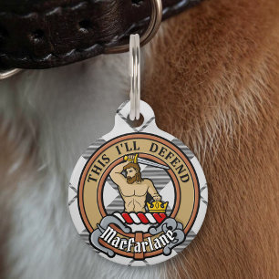 Clan MacFarlane Crest over Black and White Tartan Pet Tag