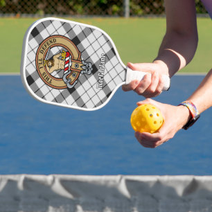 Clan MacFarlane Crest over Black and White Tartan Pickleball Paddle
