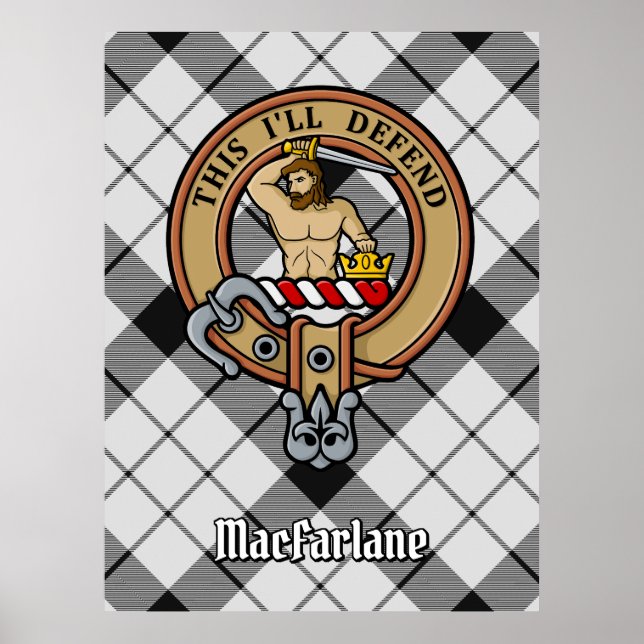 Clan MacFarlane Crest over Black and White Tartan Poster (Front)