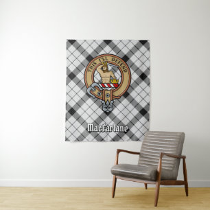 Clan MacFarlane Crest over Black and White Tartan Tapestry