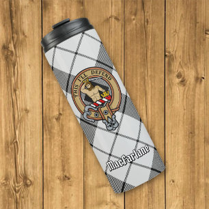 Clan MacFarlane Crest over Black and White Tartan Thermal Tumbler