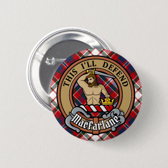 Clan MacFarlane Crest over Dress Tartan 2 Inch Round Button (Front & Back)
