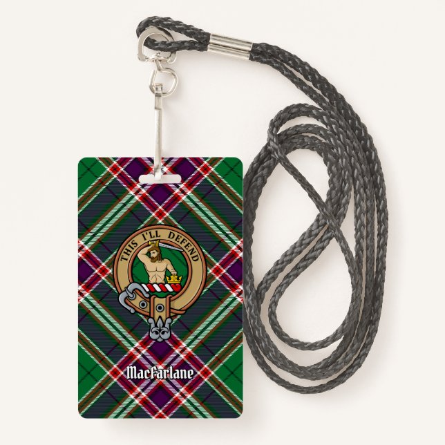 Clan MacFarlane Crest over Modern Hunting Tartan Badge (Front with Lanyard)