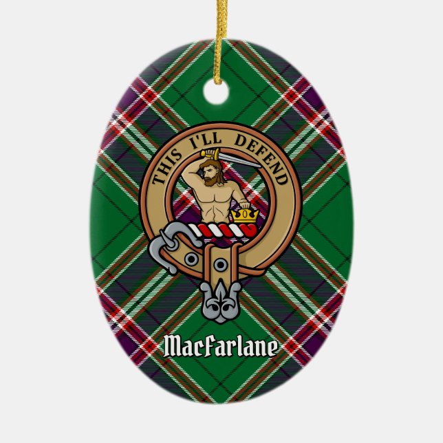 Clan MacFarlane Crest over Modern Hunting Tartan Ceramic Ornament (Front)