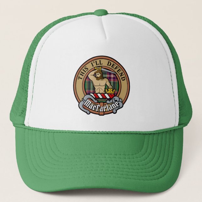Clan MacFarlane Crest over Modern Hunting Tartan Trucker Hat (Front)