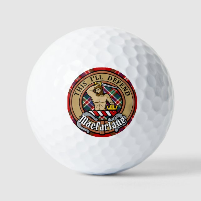 Clan MacFarlane Crest over Red Tartan Golf Balls (Front)