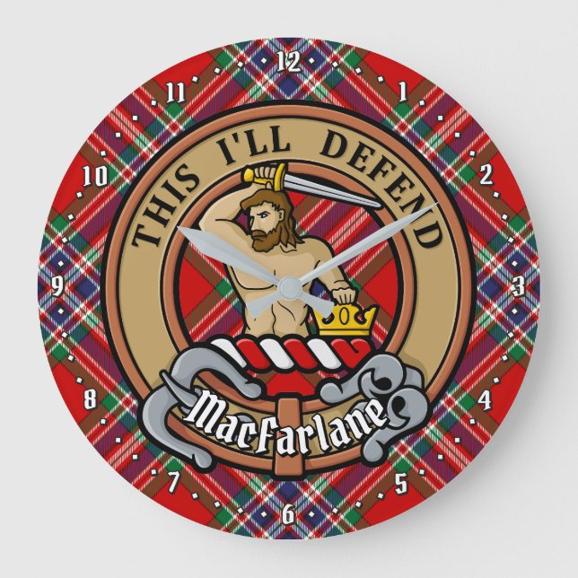 Clan MacFarlane Crest over Red Tartan Large Clock (Front)