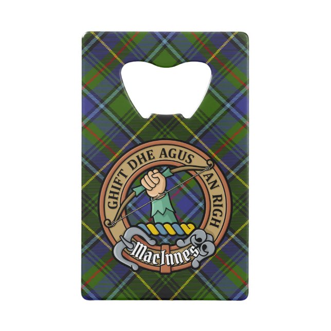 Clan MacInnes Crest over Tartan Credit Card Bottle Opener (Front)