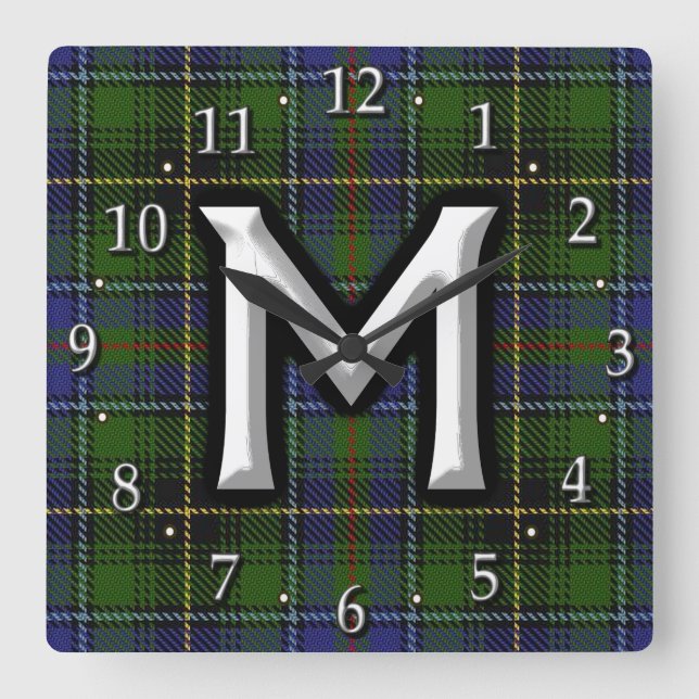 Clan MacInnes Letter M Monogram Tartan Square Wall Clock (Front)