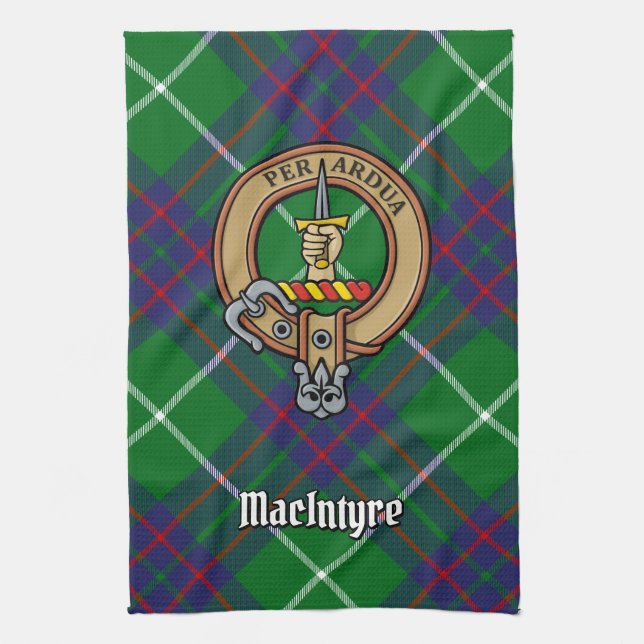 Clan MacIntyre Crest over Hunting Tartan Kitchen Towel (Vertical)