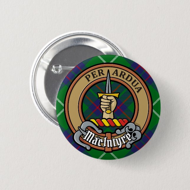Clan MacIntyre Crest over Tartan 2 Inch Round Button (Front & Back)