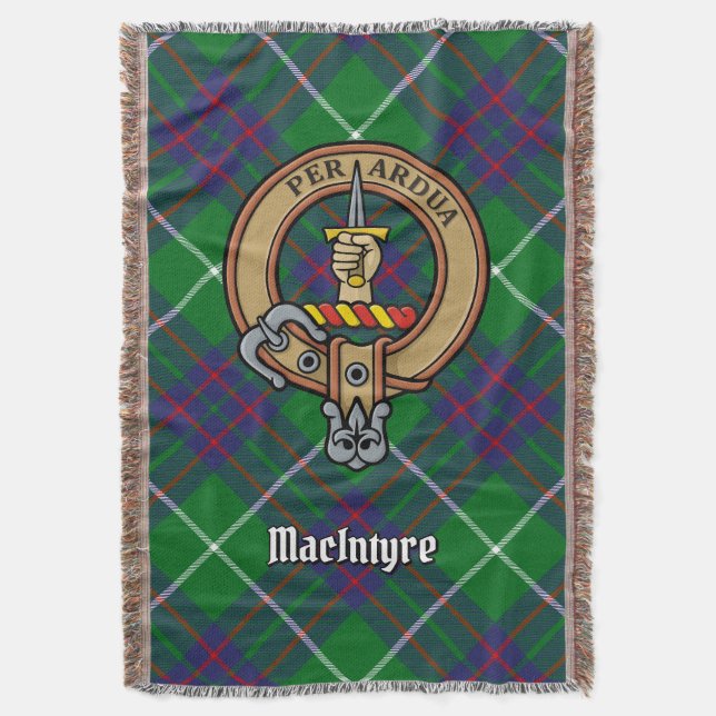 Clan MacIntyre Crest over Tartan Throw Blanket (Front Vertical)