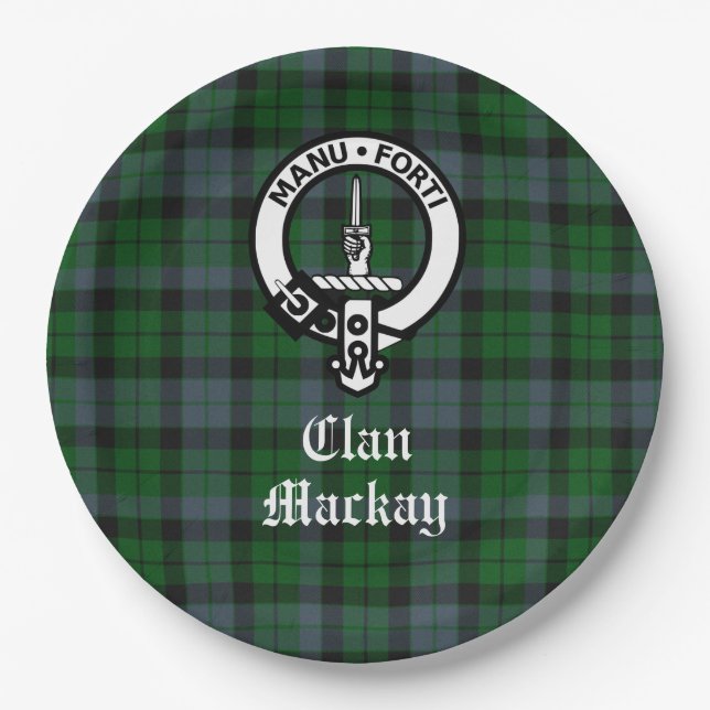 Clan Mackay Crest Badge and Tartan Customizable Paper Plate (Front)