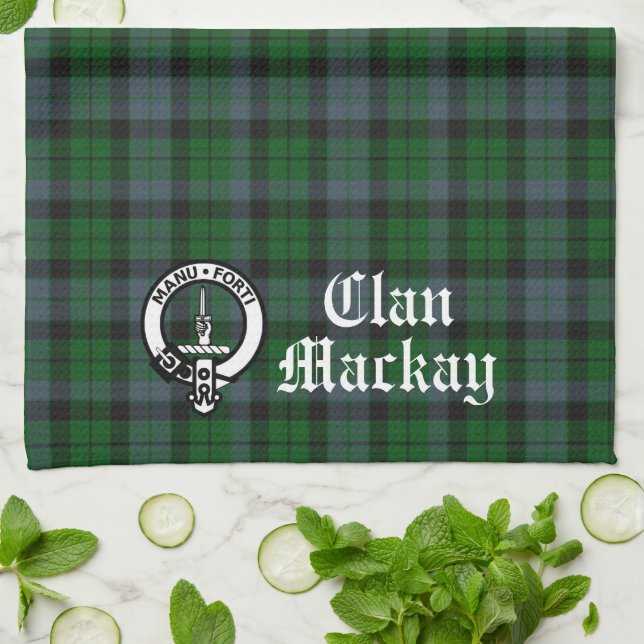 Clan Mackay Crest Badge & Tartan Customizable  Kitchen Towel (Folded)