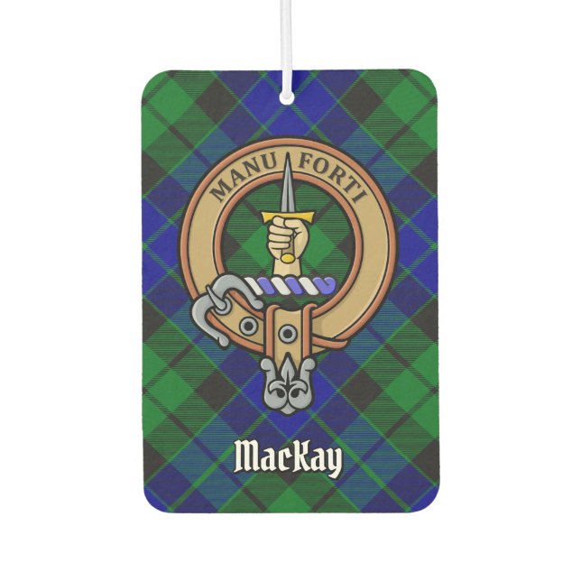 Clan MacKay Crest over Blue Tartan Air Freshener (Front)