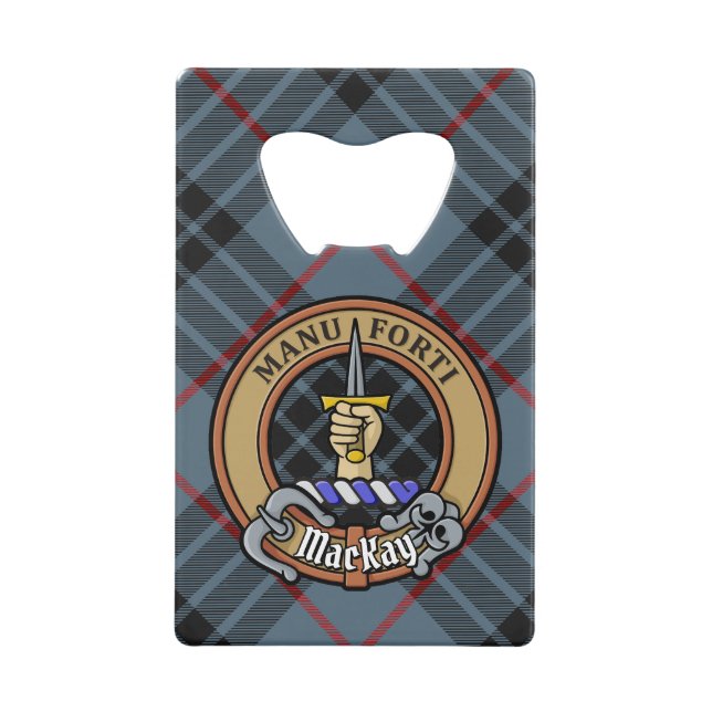Clan MacKay Crest over Blue Tartan Credit Card Bottle Opener (Front)
